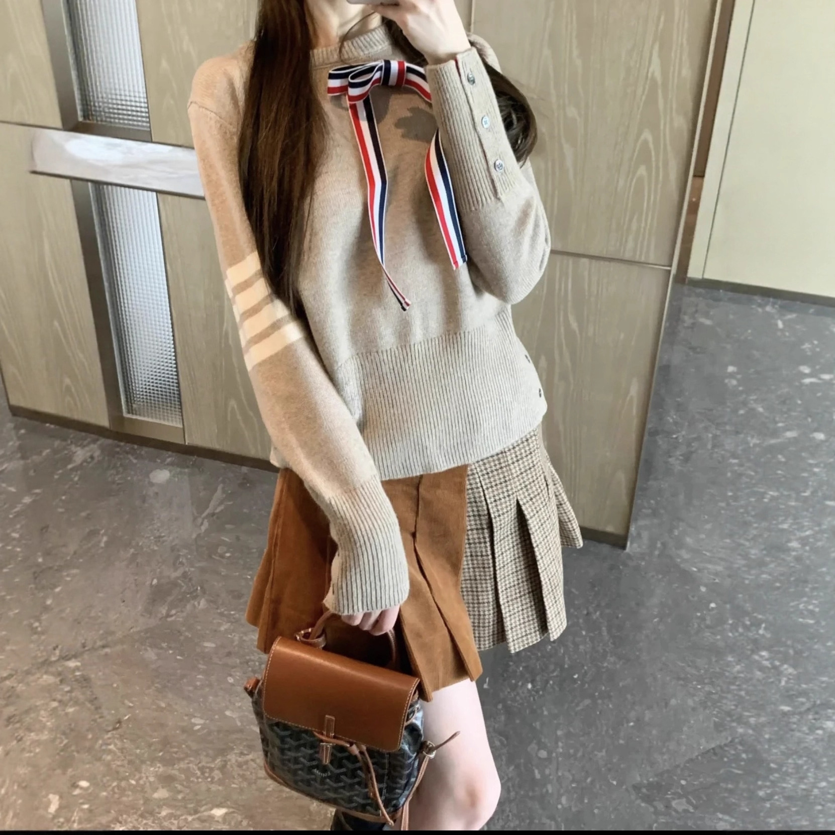 Tb Autumn and Winter New Knitted Wool Women's Detachable Bow Sweater Wool Plaid Stitching Pleated Skirt