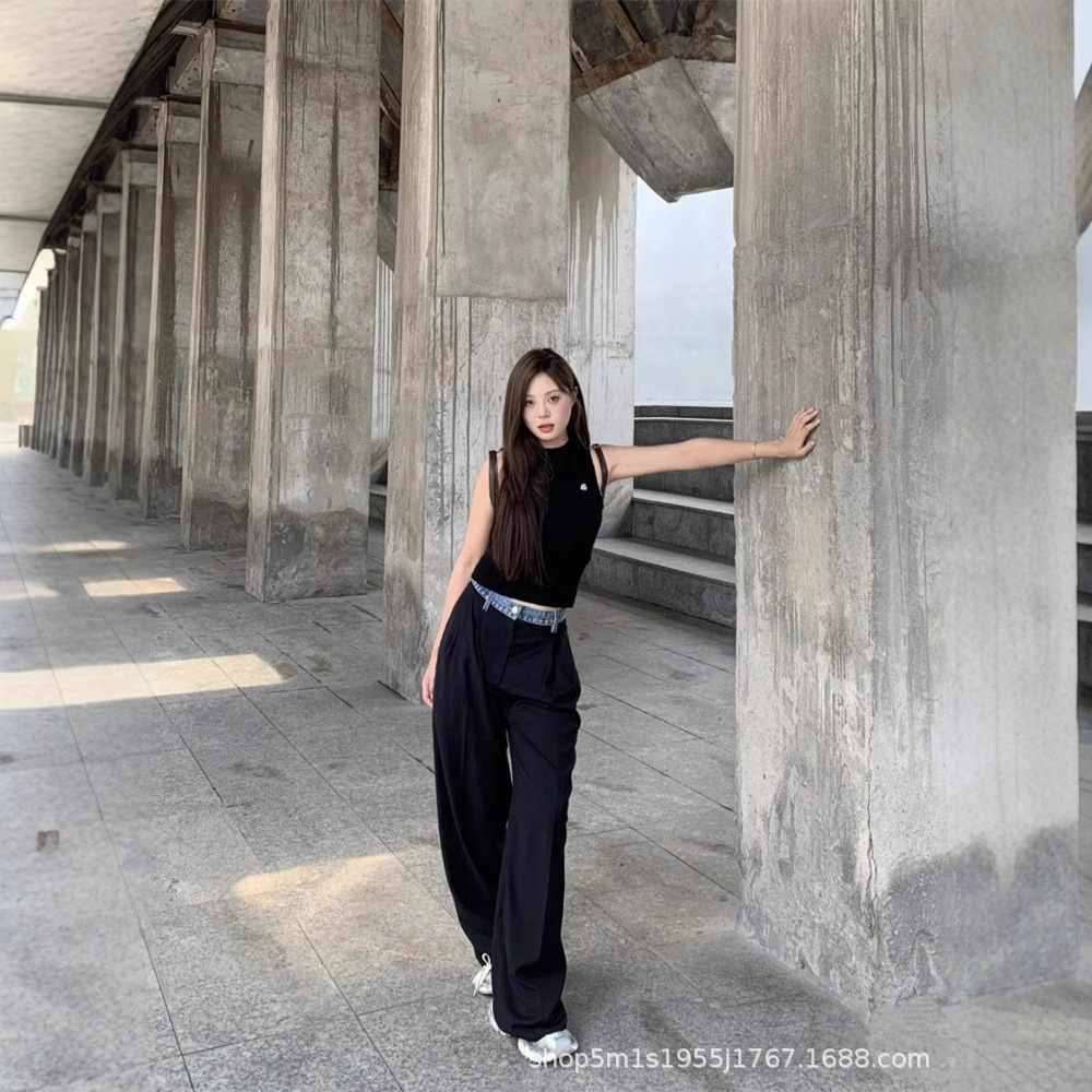 南油女装王心凌同款牛仔腰头拼接个性慵懒百搭休闲西裤女甜辣风