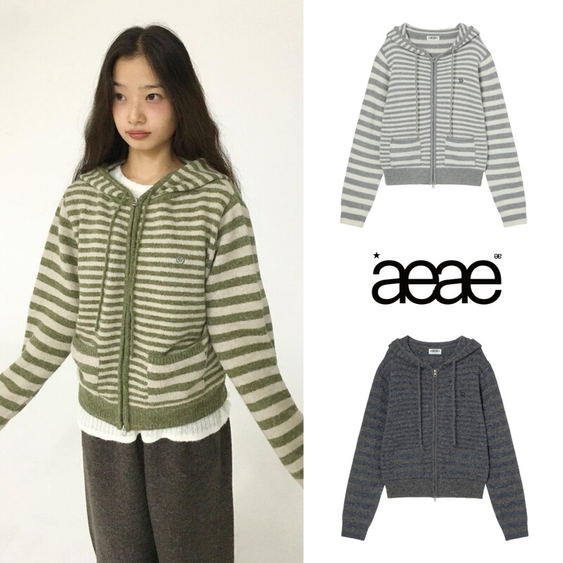 2025 Autumn Aeae Korean Niche Fashion Brand Casual Style Color-Blocked Striped Short Hooded Knitted Sweater Jacket for Women