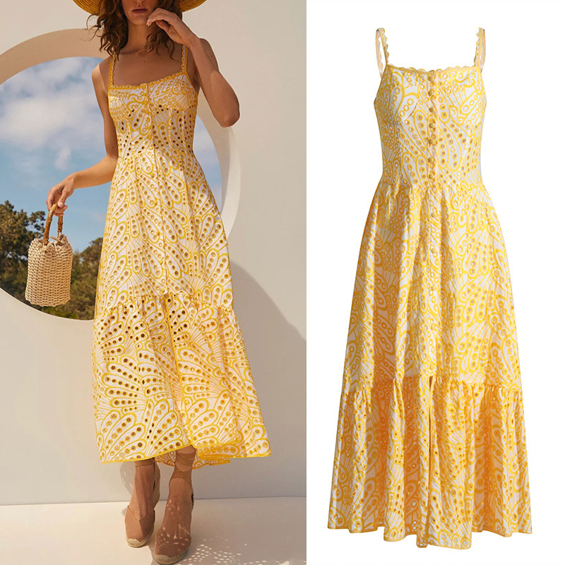 프랑스 자수 중공 레이스 원피스 여자의 섹시 슬링 러플 허리 슬리밍 휴일 스타일 비치 원피스