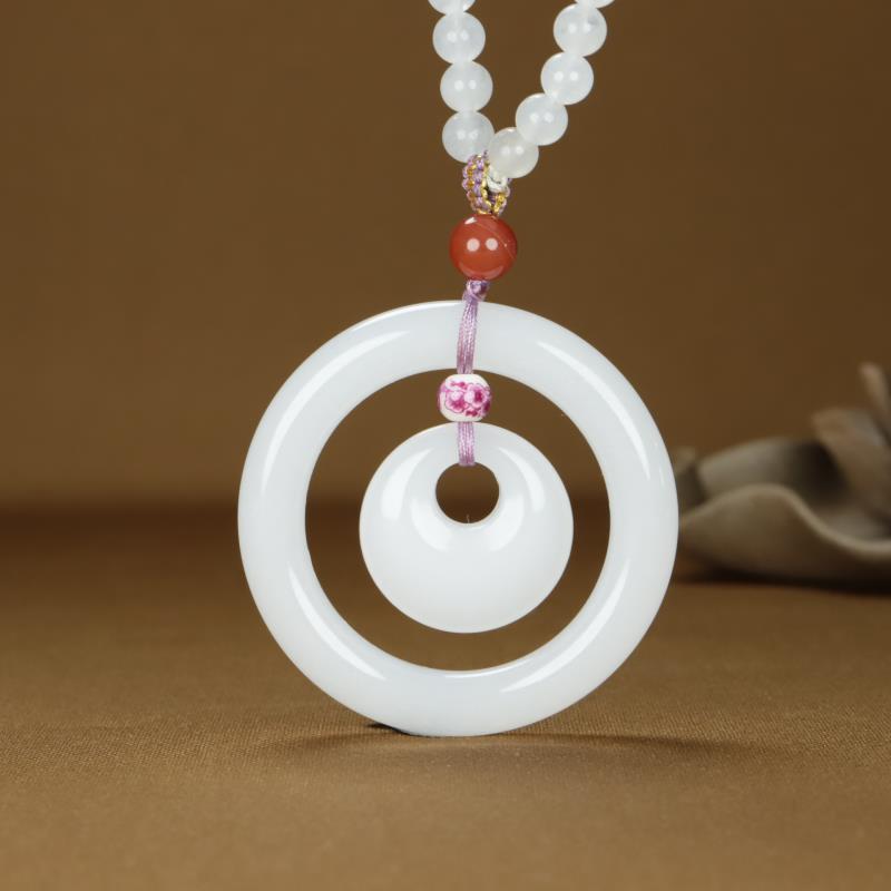 新疆羊脂白玉金丝玉母子平安环毛衣链