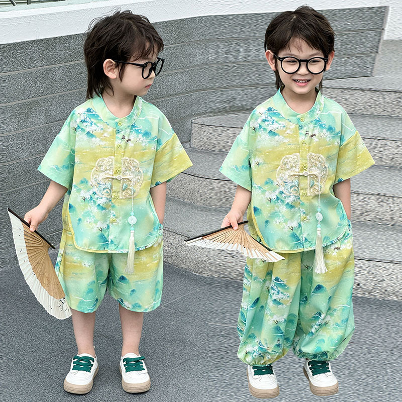 新しい子供の中国風スーツ夏の男の子の唐スーツ漢服半袖9点パンツ古代スタイルの新しい中国風の2点セット|undefined