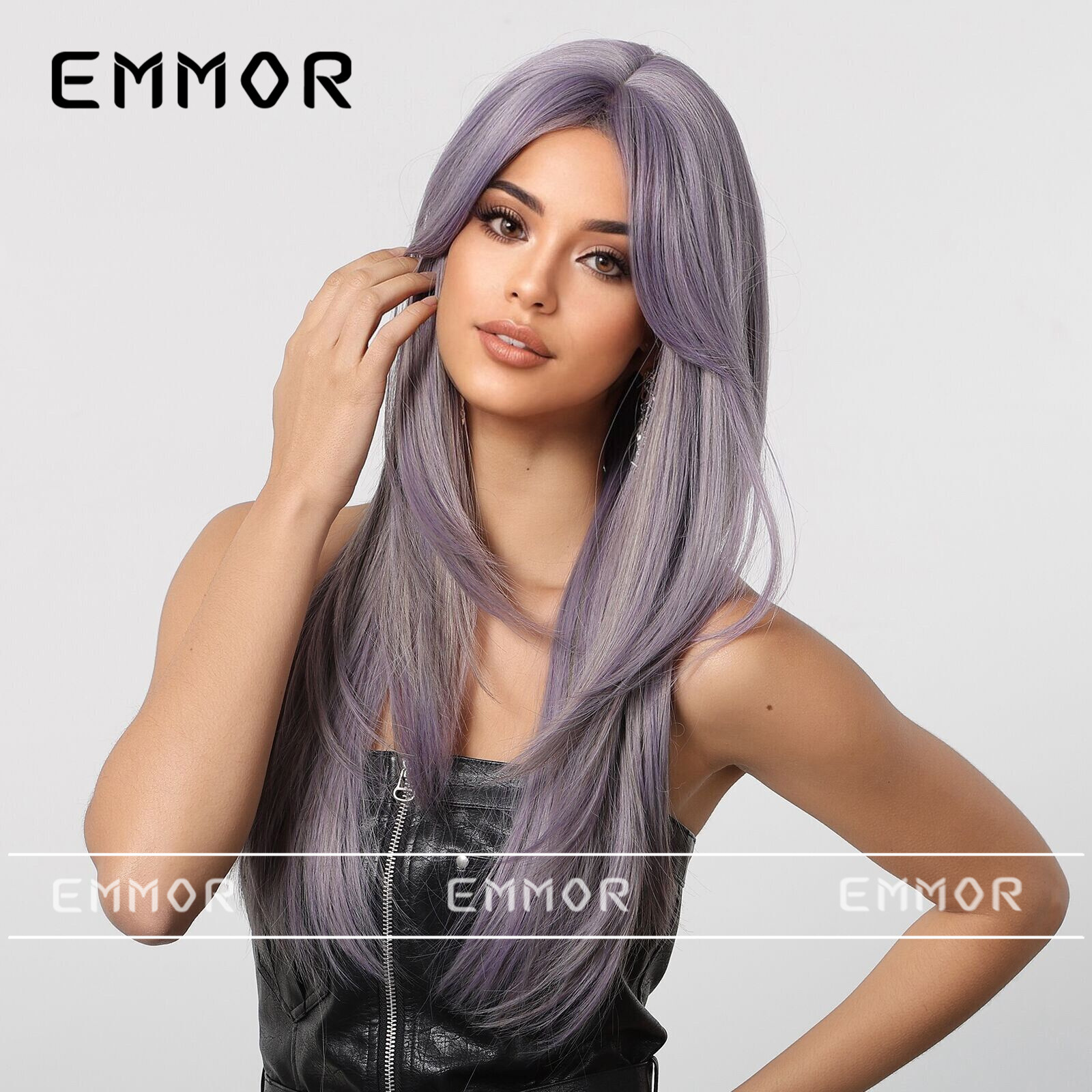 Peluca de estilo europeo y americano para mujer cabello largo cubierta completa de la cabeza celebridad de Internet nuevo flequillo de ocho caracteres de longitud media púrpura y2g nivel largo cabello liso