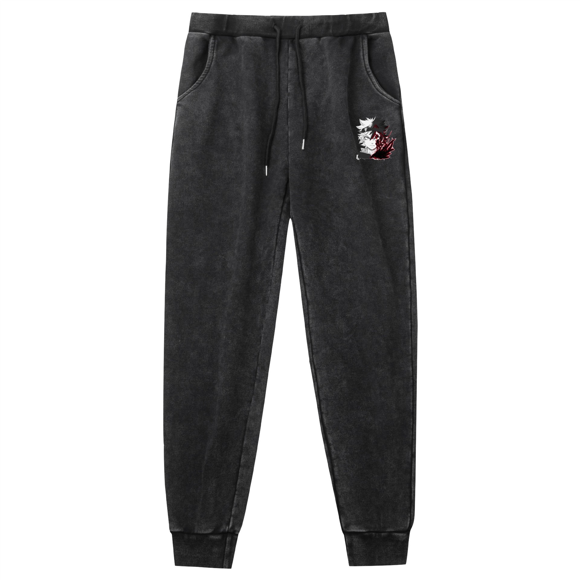 Lavado y desgastado pantalones retro negro trébol de cuatro hojas Black Clover venta caliente estampado al aire libre deportes de ocio