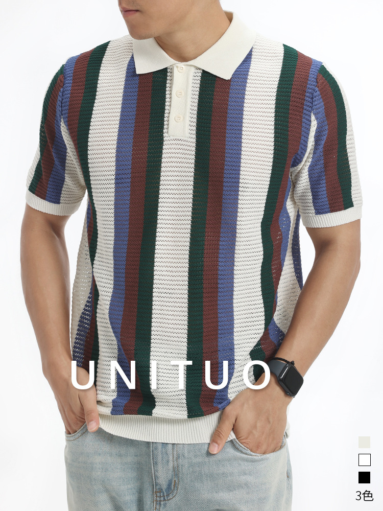 Verano para hombres barra vertical hueco de hielo de punto polo botón de solapa ligero de negocios camiseta casual camiseta superior