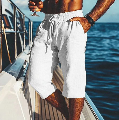 Men's Capri Pants New Linen Summer Beach Shorts With Pockets Drawstring Elastic Waist Solid Color Comfortable And Breathable_viptrois.com