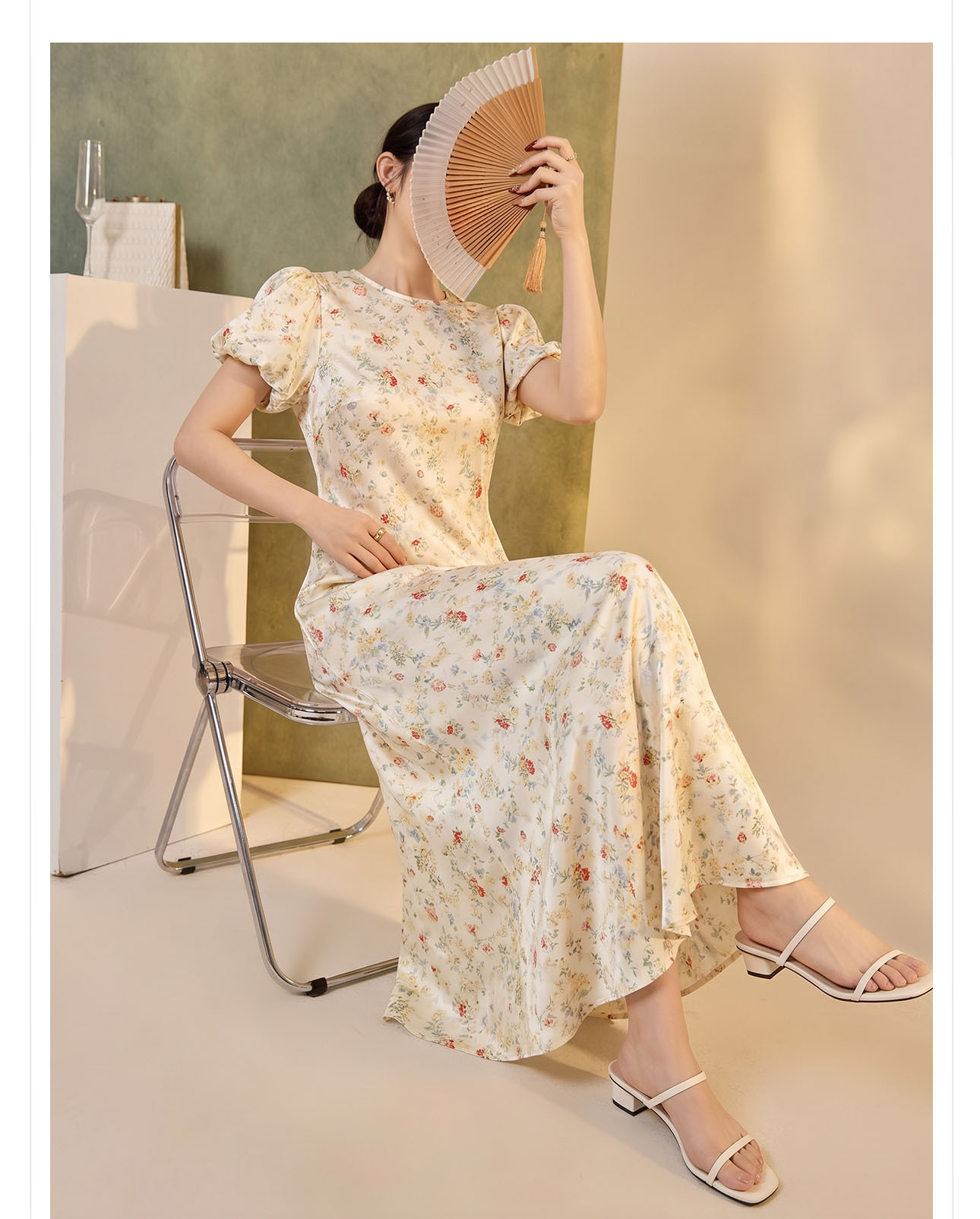 Đầm maxi kiểu Pháp tay bong bóng cổ vòng thắt eo họa tiết hoa vàng — Hoa vàng chi tiết 3