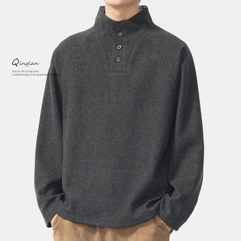 Heavyweight Stand-Collar Long-Sleeve T-Shirt for Men, 2026 Autumn New Style, Loose Casual American-Style Velvet Solid Color Top Heavyweight Stand-Collar Long-Sleeve T-Shirt for Men, 2026 Autumn New Style, Loose Casual American-Style Velvet Solid Color Top