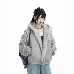 American-style Retro Sea Mountain Carved Fur Collar Coat Women's Winter Small Thickened Hooded Cotton-padded Coat with Design Sense Short Cotton-padded Coat