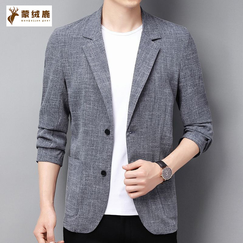 Men's Suit Jacket Autum Thin Linen Middle-Aged Pure Color Casual Small Suit Korean Style Slim Cotton and Linen Top