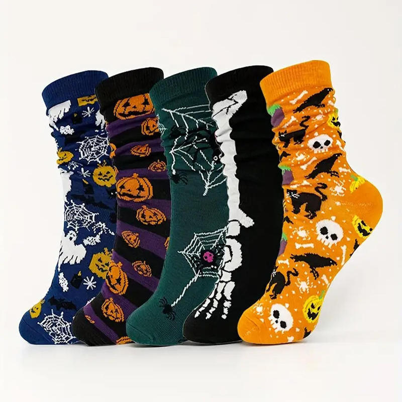 Fashionable Cotton Socks with Skull, Pumpkin, and Monster Patterns for Halloween, Fun Colorful Crazy Crew Men's Dress Socks