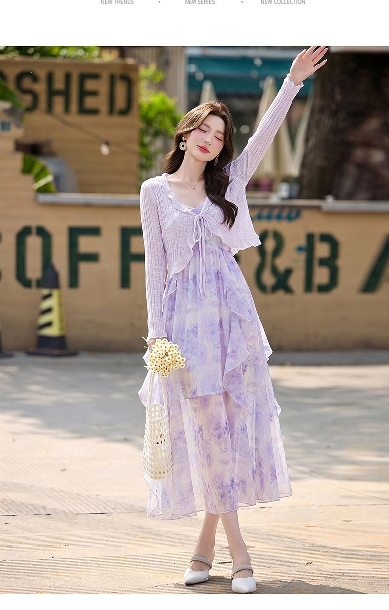 Đầm maxi nữ hai dây hoa nhí kèm áo khoác cardigan tay bèo — màu xanh nhạt, màu tím nhạt chi tiết 15