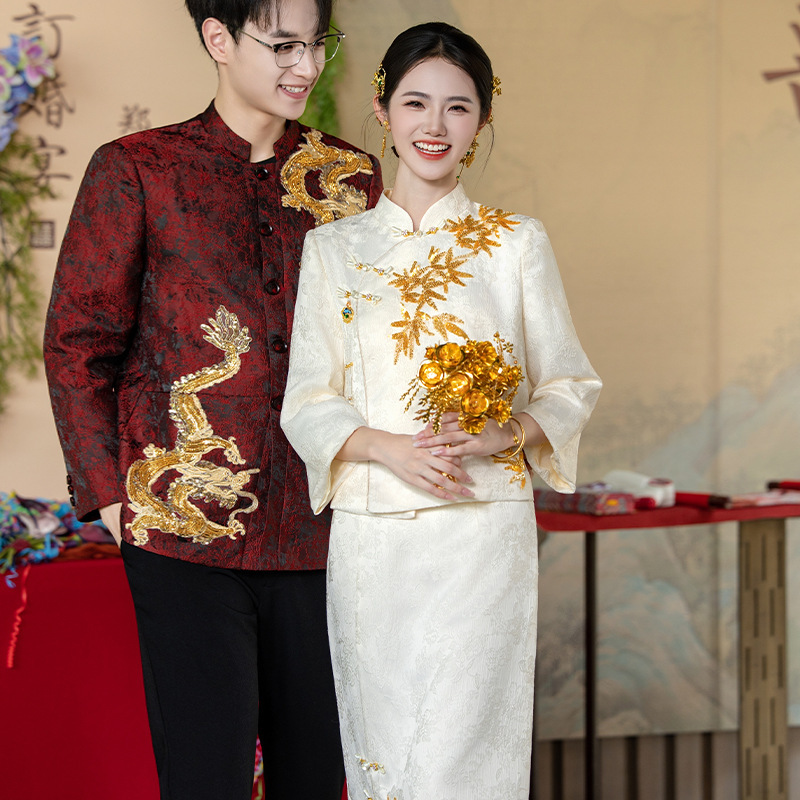 金玉儿原创新中式米白色敬酒服新娘2025新款结婚礼服订婚高雅套装|undefined