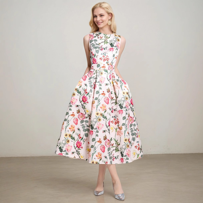 2025 New Style Celebrity Style Cross-Border Sleeveless High-Waist Printed Dress Three-Dimensional Cut Waist A-Line Skirt