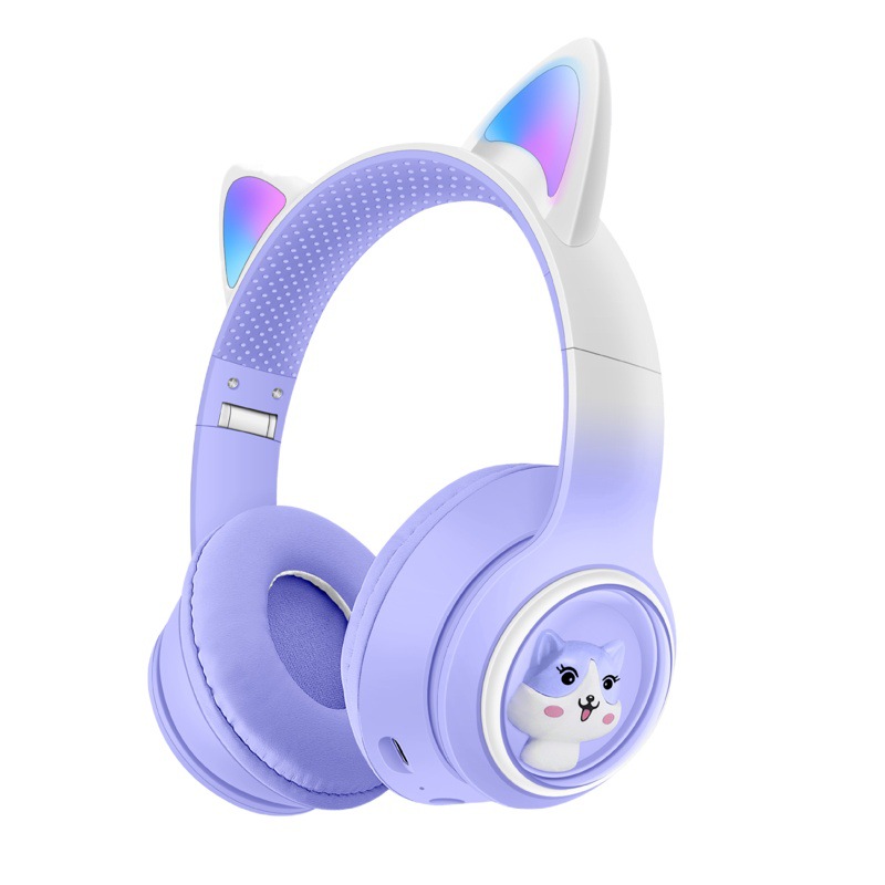 Nuevo modelo privado gradiente de dibujos animados gato oído auriculares bluetooth auricular inalámbrico luminoso lindo niños auriculares fabricante