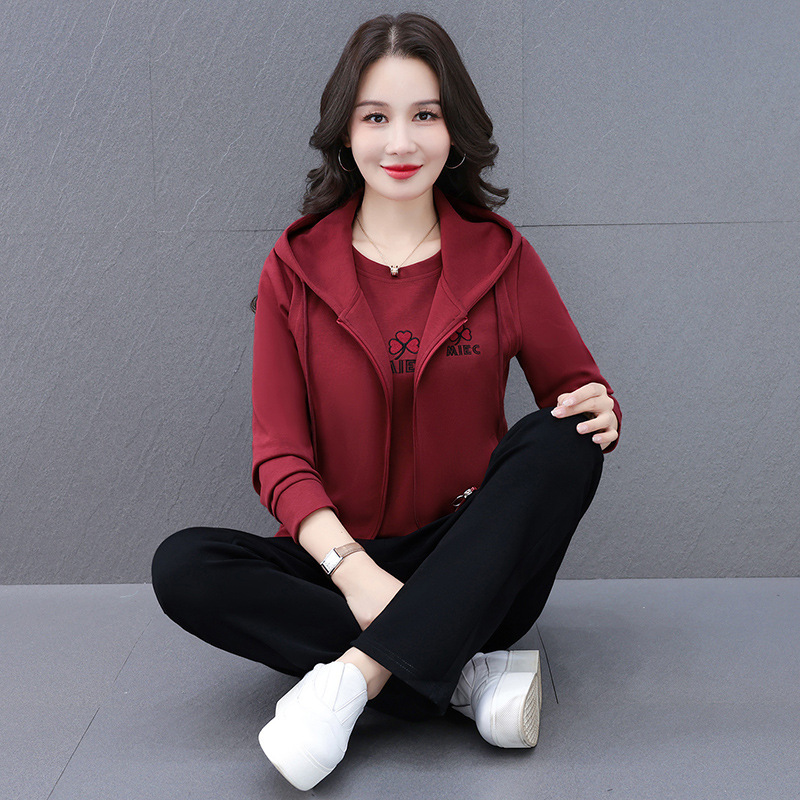 高棉卫衣卫裤马甲三件套女士春秋季时尚休闲运动套装直筒裤妈妈装|undefined