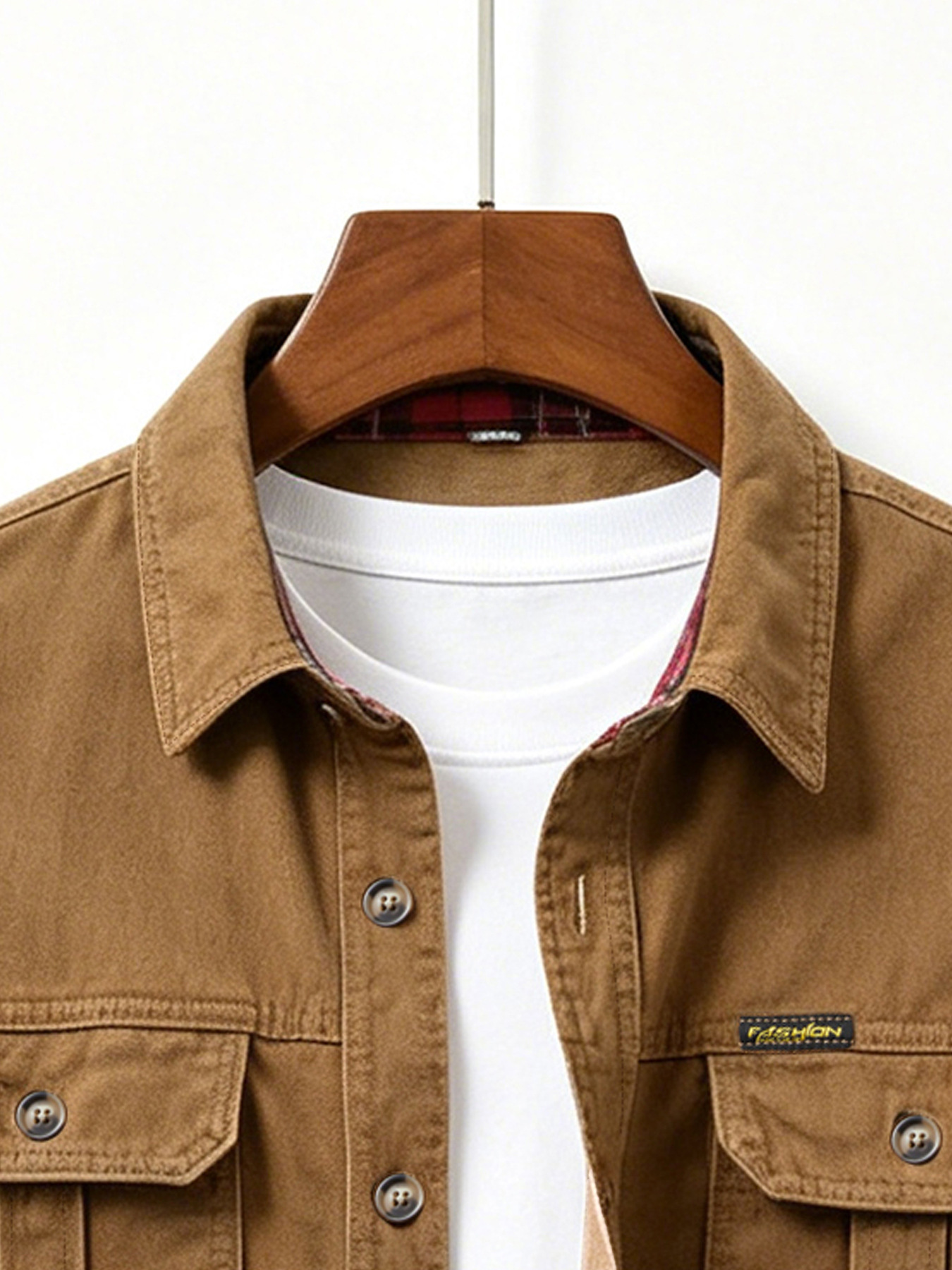 ​​Men's Casual Brown Denim Shirt, Stretch Comfort Vintage Style Long Sleeve Shirt With Multiple Pockets For Daily Wear​​_viptrois.com