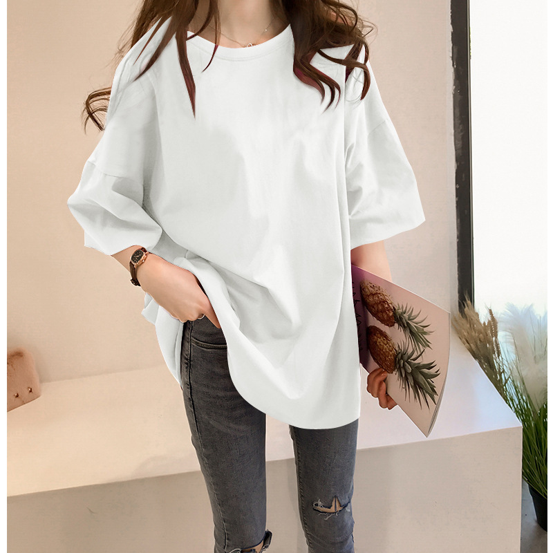 Large Size T-shirt Cartoon Printed Loose Short-sleeved T-shirt Women's Mid-length Outer Wearing Loose Solid Color Short-sleeved T-shirt Women's Top