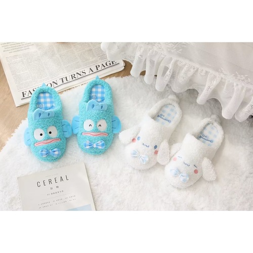 Japanese-style cartoon Kulumi, Ugly Fish, Cinnamon Dog-themed Headband Home Cotton Slippers for Indoor Floor, Half-Covering Heel Design