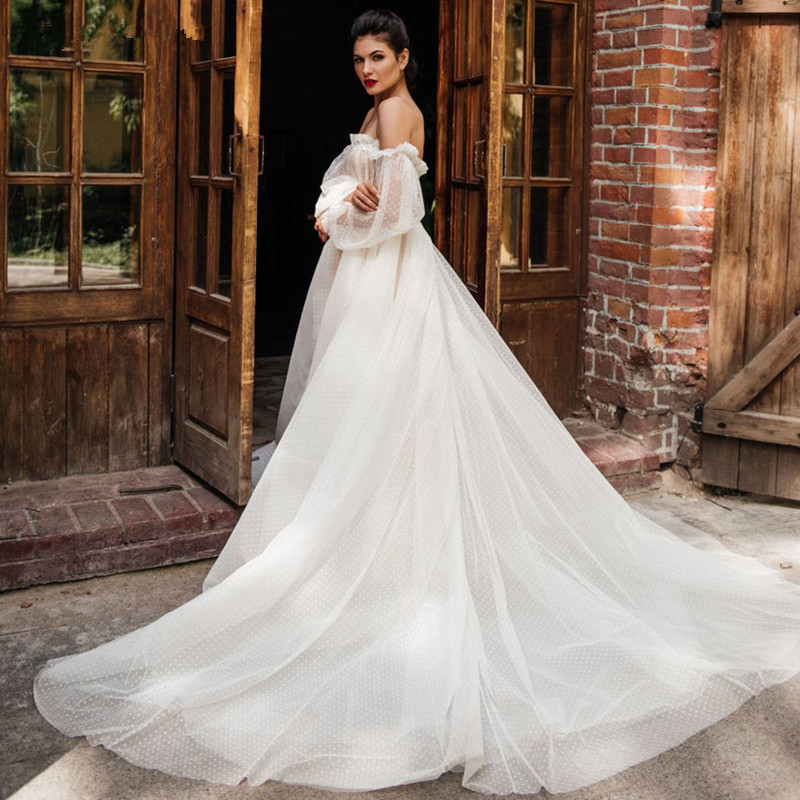 Vestido de Novia Nuevo de Comercio Exterior Europeo y Americano, Amazon, AliExpress, con Encaje, Malla con Puntos, Escote Corazón Sexy, Hombros Descubiertos