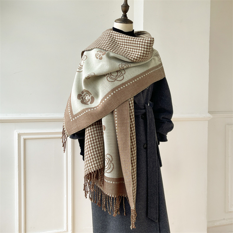 Herbst und Winter neue Tasche Damen Kerngarn Kamelie Tausend Vogelgitter doppelseitig warm Schal vielseitig dekorative Kaschmirschal_voghion.com