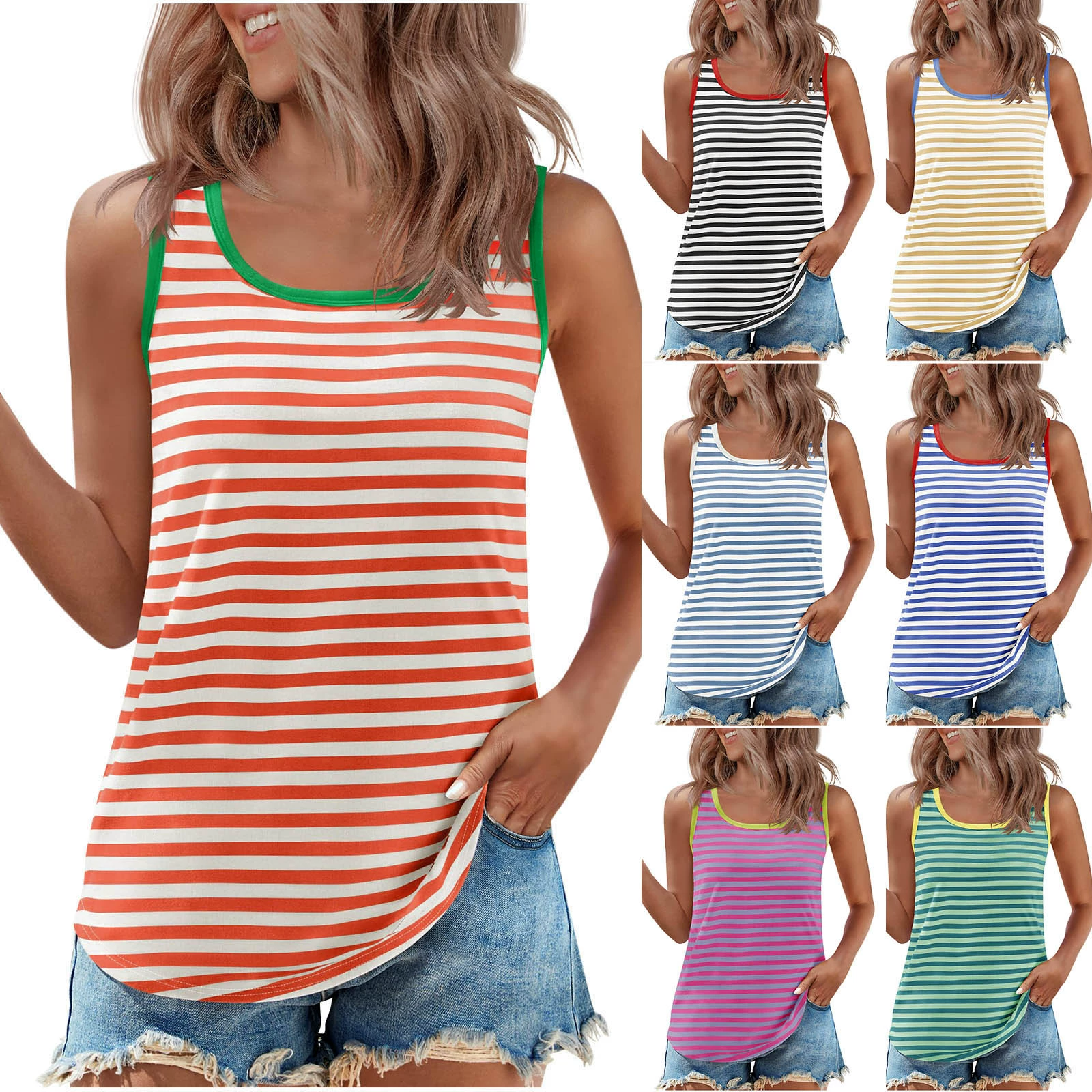 Amazon Европа и США трансграничная внешняя торговля 2025 весна и лето новый полосатый блочный жилет свободный без рукавов женский топ