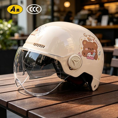 motorcycles, national standard 3C certified safety — Motosiklet kaskı (dəbilqə) - glossy-double-mirror-model-khaki-cream-cake-bearsunshade-hidden-inner-mirrorshort-lensapproximately-12cm-in-length