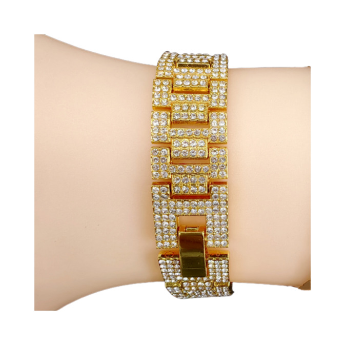 Hip hop style design 17mm wide diamond inlaid watch alloy Cuban bracelet ankle chain jewelry_voghion.com