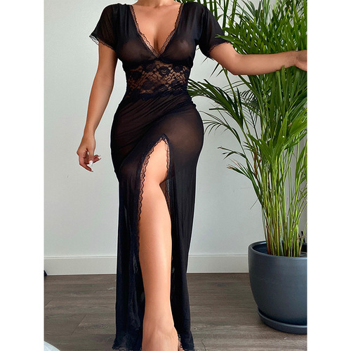 Women's perspective split nightdress lace mesh pajamas uniform underwear set Sexy prom queen