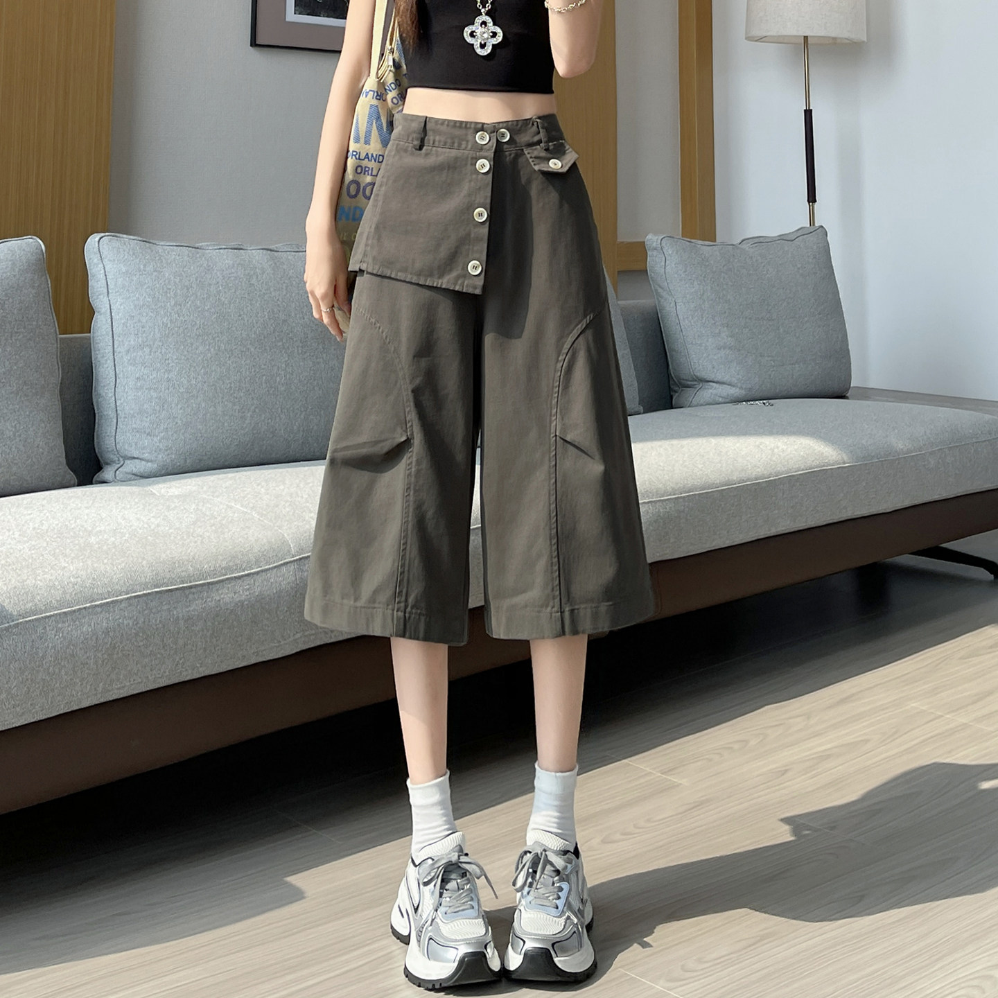 Quần culottes nữ ống rộng cạp cao dáng suông vải cotton — màu trắng