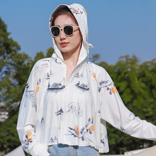 2024 New Ice Silk Sun Protection Clothing Women's Live Broadcast Summer Cloak Anti-UV National Style Printed Ink Painting Sun Protection Clothing