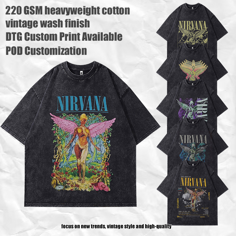 TKPA cross-border carefully selected American retro short-sleeve men's t-shirt with rock band print, washed pure cotton, loose fit, unisex