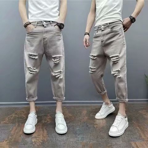 2021 New Men's Big Hole And Small Feet Jeans Korean Version Trend Cropped Pants Slim Couple Feet Harem Pants