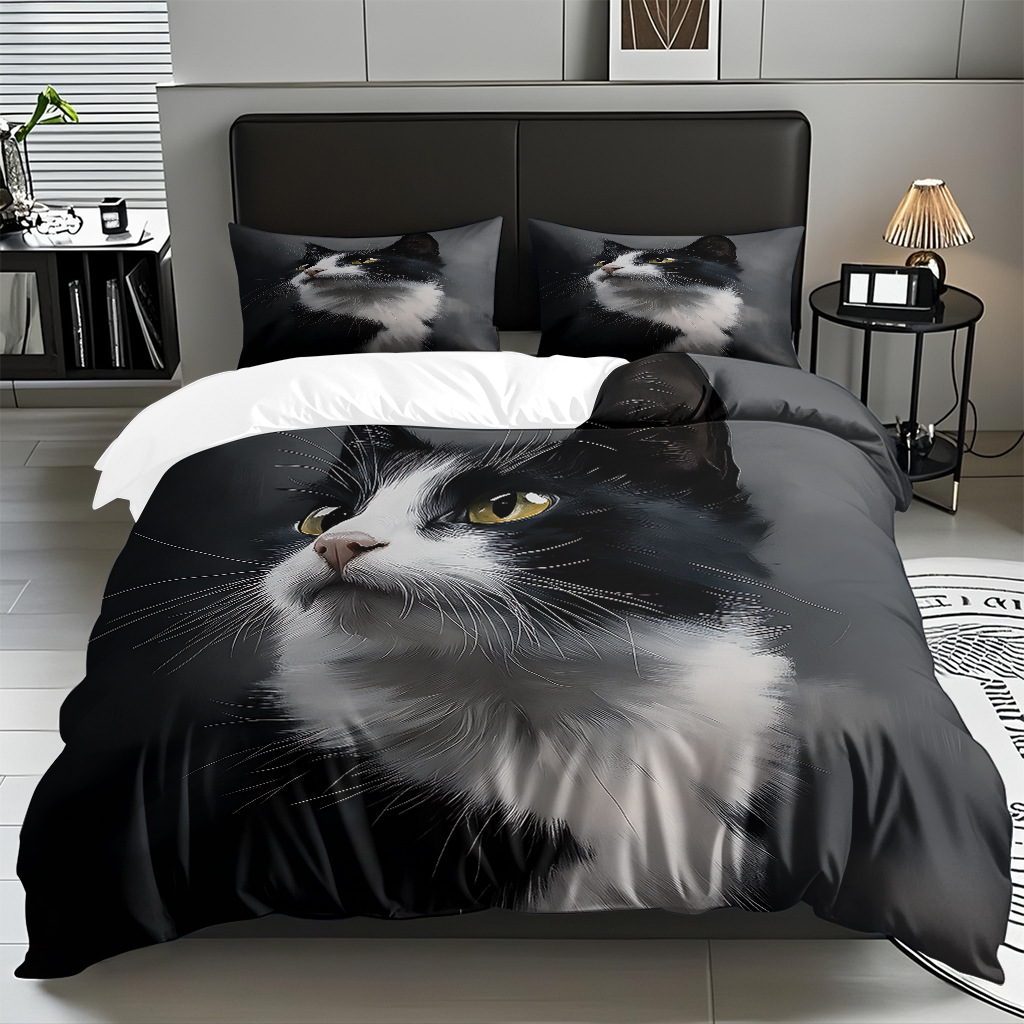 TEMU / JIT adorable gatito impresión digital suave set de colcha de edredón textil para el hogar se puede diseñar venta directa de fábrica