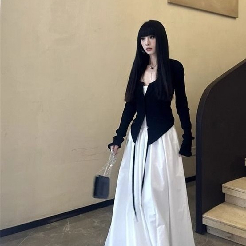 大码女装早秋搭配一整天法式甜美收腰连衣裙针织开衫外穿时尚套装|undefined