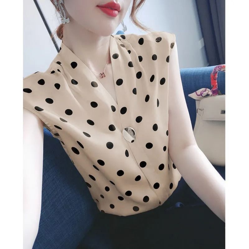法式波点雪纺衫无袖女2025夏季新款宽松显瘦上衣洋气气质小衫衬衣