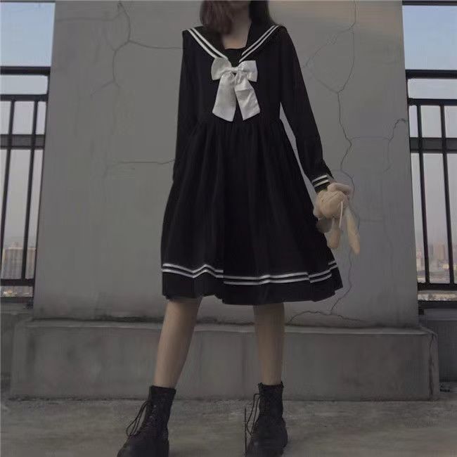 学院风长袖连衣裙韩版宽松日系小清新黑色海军领可爱学生jk裙子女