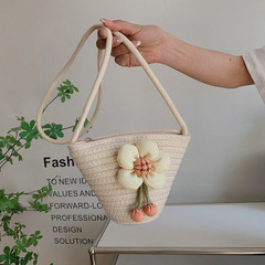 Summer New Cotton Wire Weaving Mini Bucket Bag Fashion Floral Single Shoulder Crossbody Women's Bag Beach Vacation Grass Woven Bag