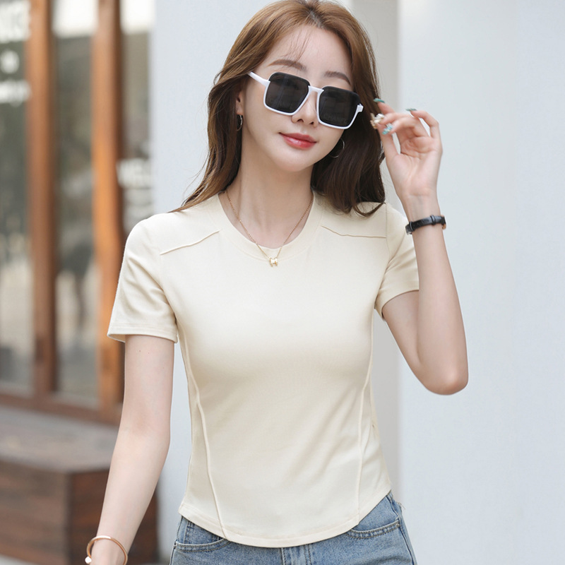 454 Summer Short-Sleeve Top for Women, High Elasticity, Slimming, Elegant and Stylish, Solid Color, Versatile, Women's Base Layer Shirt