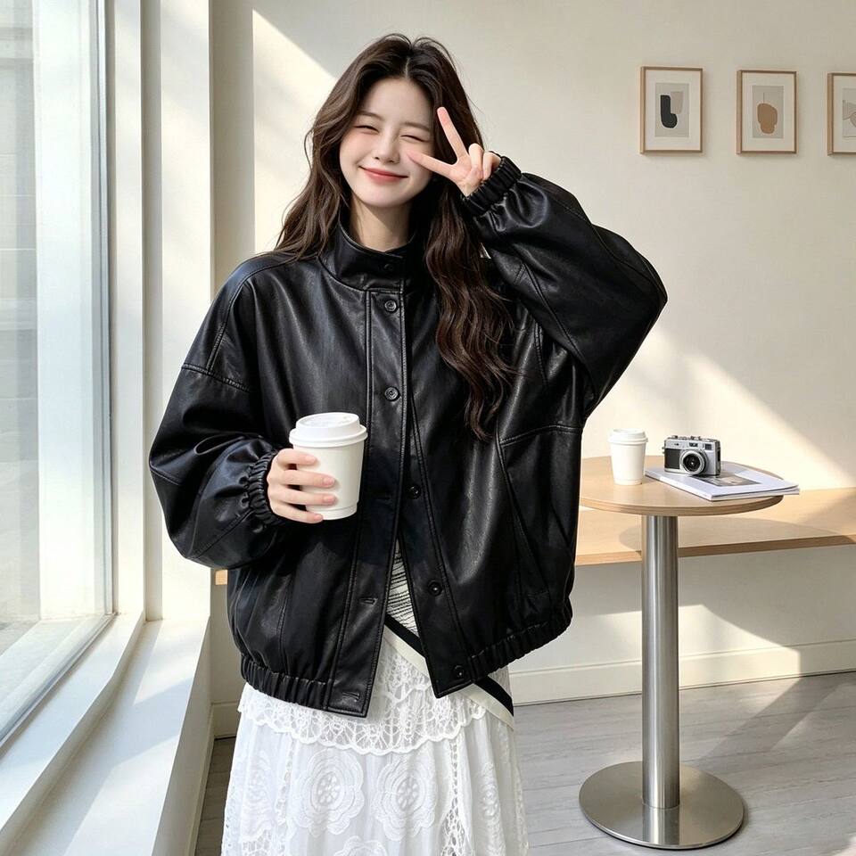 Áo khoác da PU cổ đứng dáng rộng phong cách retro, kiểu biker, dài tay, có lót — Màu đen [Chất lượng cao, có lót vải]
