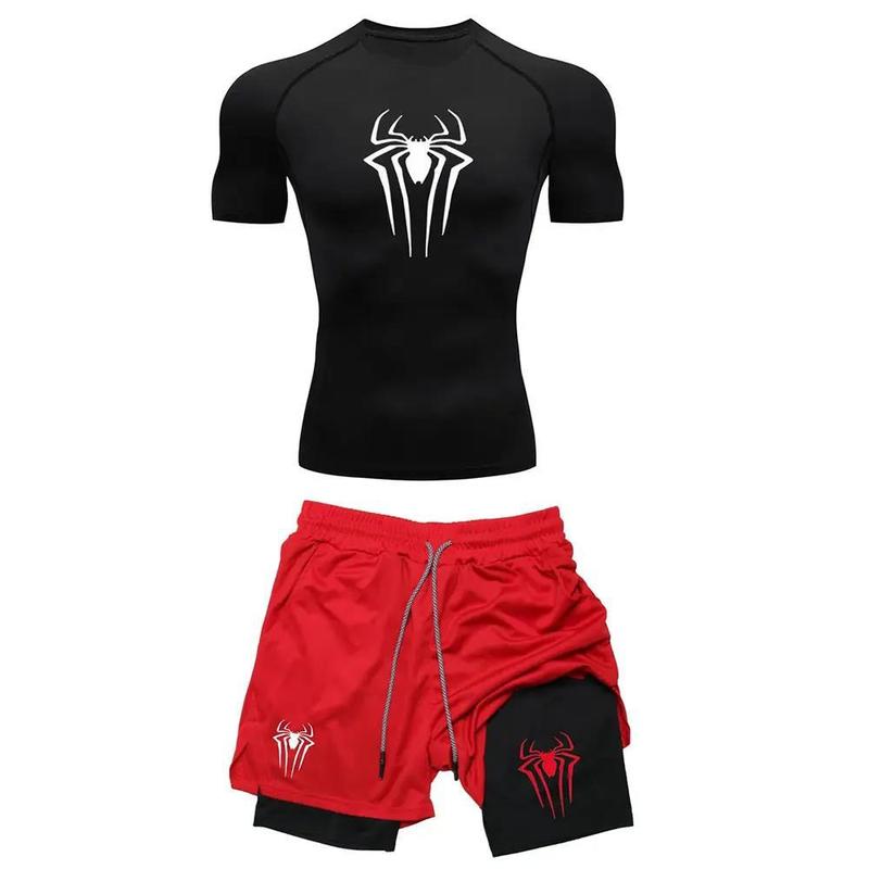 男子のトレーニング圧縮集Y2Kスパイダープリントジムtシャツ通気ランニングパンツ速乾運動皮|undefined