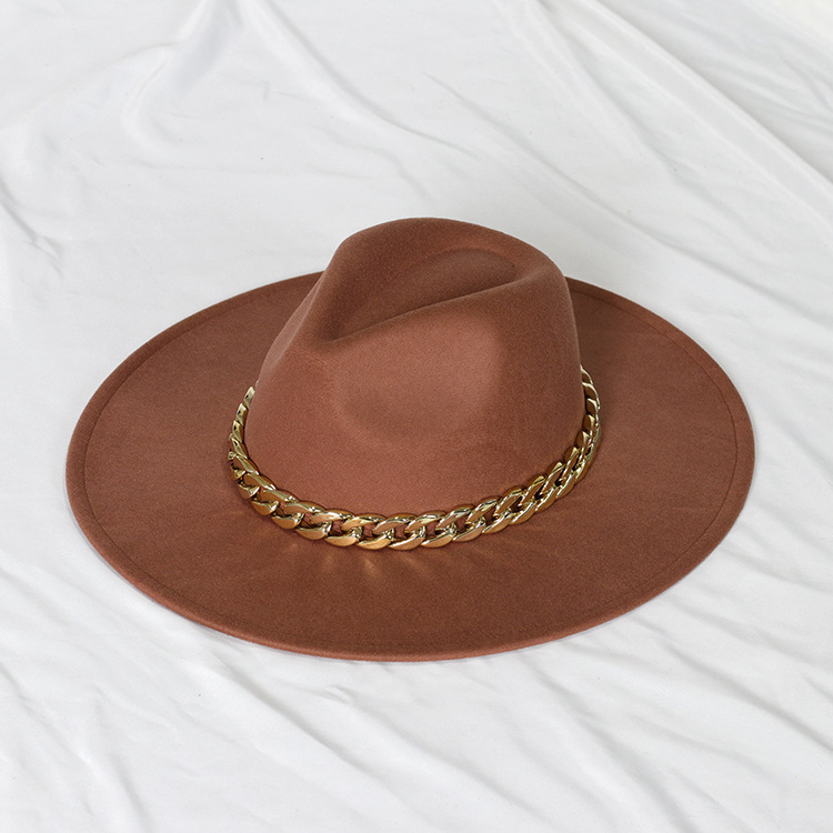 Sombrero de jazz con cadena dorada, sombrero francés vintage de ala ancha en forma de corazón para mujer, sombrero de fieltro oversize.