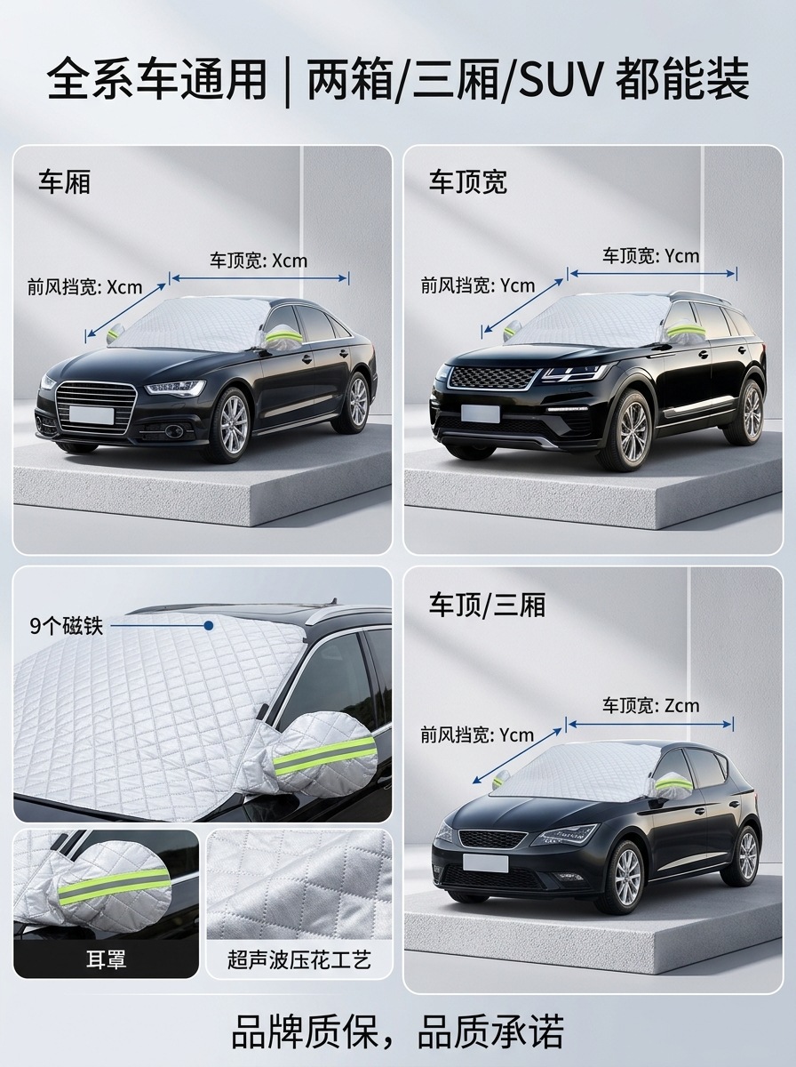 Car snow cover for front windshield, anti-freeze and anti-frost, thickened aluminum film, magnetic half-body car cover, sunshade