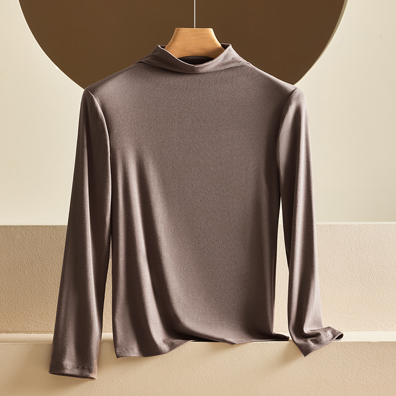 Otoño e invierno nueva camisa de fondo modal de cuello medio alto para mujer delgada de manga larga con ropa de otoño de color sólido