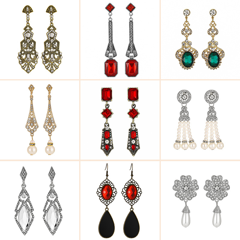 跨境舞会宝石耳钉饰品欧美时尚创意复古水滴流苏长款耳环耳饰批发