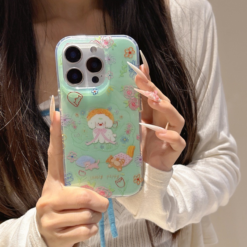 Divertido brillo, graffiti, flores, perros, iphone15ProMax, nueva funda para teléfono móvil de 16PM, Apple 14 femenino