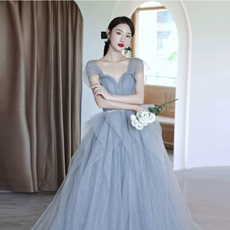 Evening Dress Elite Trend, women's gray off-shoulder ball gown, layered skirt, sizes XS–XXXL