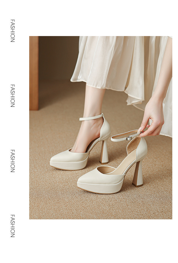 Giày sandal cao gót Mary Jane cô dâu gót vuông đế platform hở mũi — màu đen, màu trắng ngà chi tiết 8