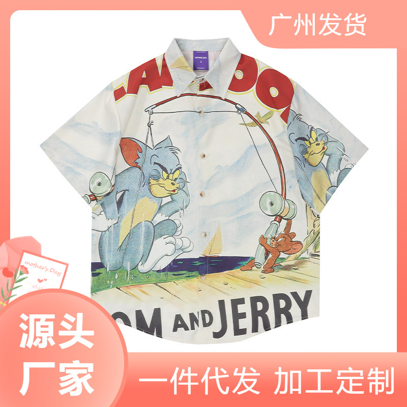 Summer New American Style Retro Cartoon Cat and Mouse Print Short-sleeved Shirt for Men and Women National Trendy Niche Hip-hop Shirt Summer New American Style Retro Cartoon Cat and Mouse Print Short-sleeved Shirt for Men and Women National Trendy Niche Hip-hop Shirt