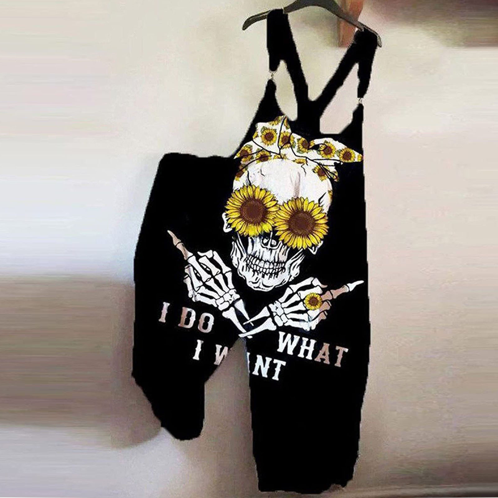 High Waist Waist Line Overalls Pants Type Women'S Casual Daily Casual Punk Printing Skull Full Length Printing Overalls